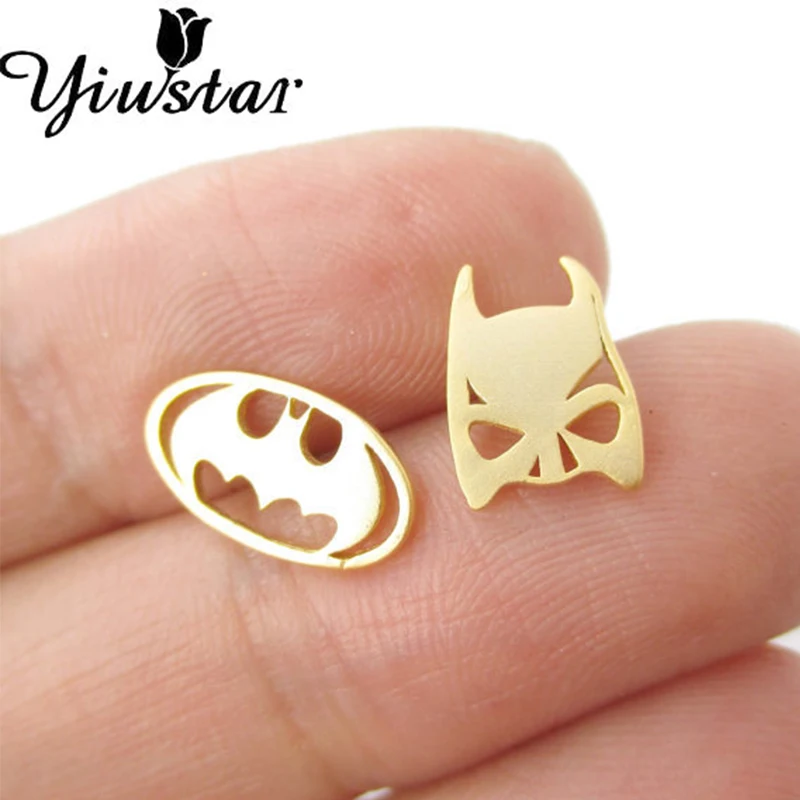 

Yiustar New Fashion Brass Cute Animal Tiny Batman Earrings Themed Bat Mask and Logo Shaped Stud Earrings for Women Party Gifts
