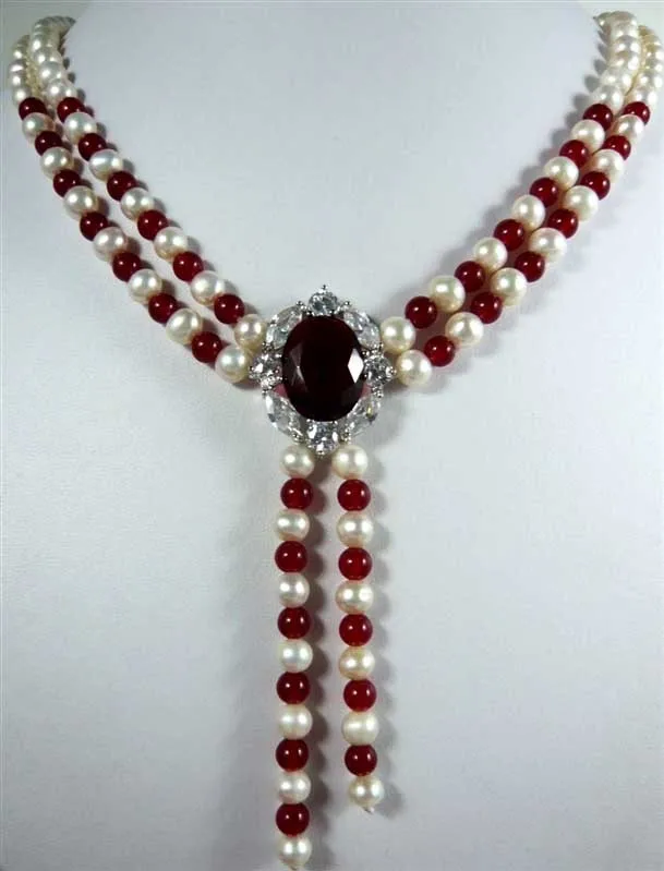 

Accessories gift natural pearl 7-8mm white ruby double necklace Wine red gem