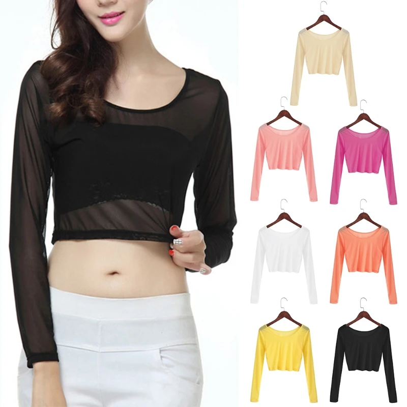 

Women Sexy Slim Semi-transparent Mesh Crop Tops Girl Long Sleeve Short T-Shirts Tees Single Layer F05