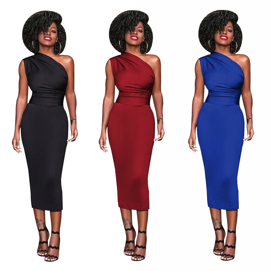 MAYFULL sexy strapless empire one shoulder sleeveless dress women work