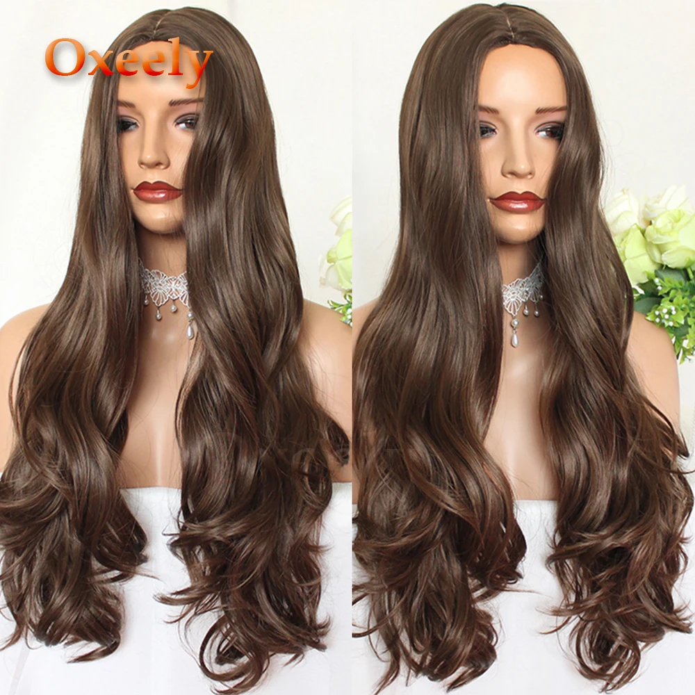 Oxeely Brown Long Wavy Hair Synthetic Full Wigs 8 Body Wave Silk