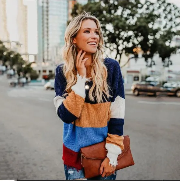

Autumn Winter Women Sweater Casual V-neck Sweater Pull Femme Pullover Stripe Sweater Streetwear