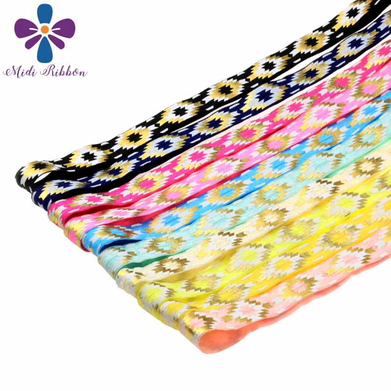 

5/8"16mm(1.5cm) Gold Aztec Printed Fold Over Elastic 50y/lot handmade Hair Tie Headband Accessory Sewing 10 Colors