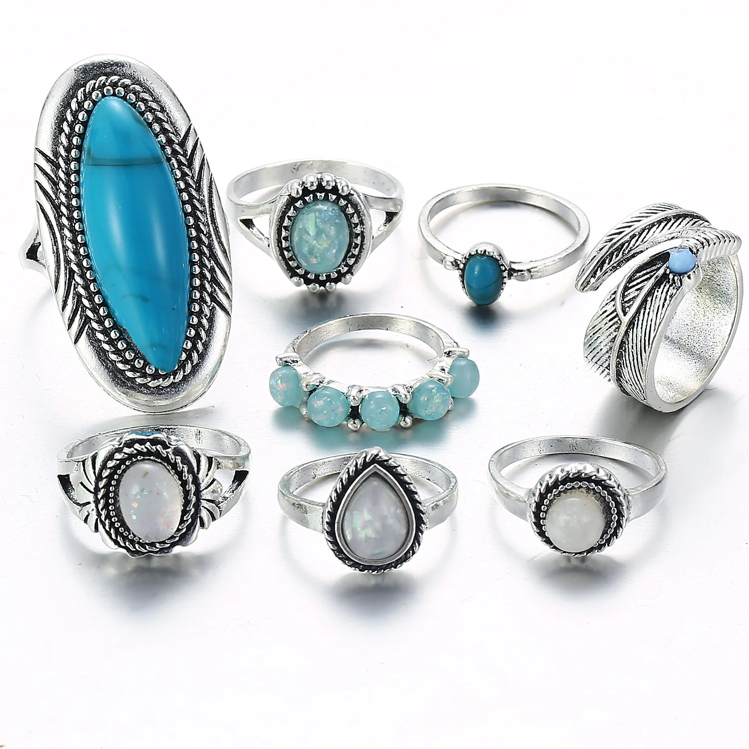 

8 Pcs/Set Bohemia Vintage Feather Big Stone Rings Fashion Silver Color Midi Knuckle Ring Set for Women Statement Jewellery