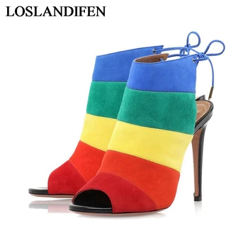 

2018 Newest Rainbow Women Ankle Booties Sexy Peep Toe High Heels Lace Up Ladies Fashion Spring Party Sandals Shoes TL-A0032
