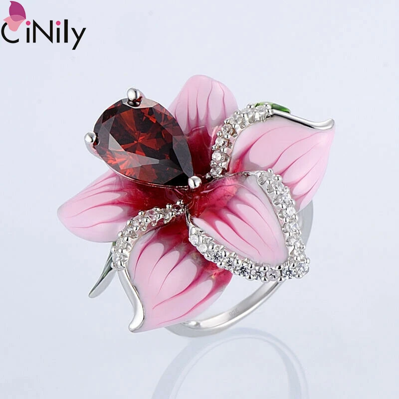 

CiNily Vintage Flower Zircon Enamel Silver For Women Ring Jewelry Gift Size 6-10 NJ433