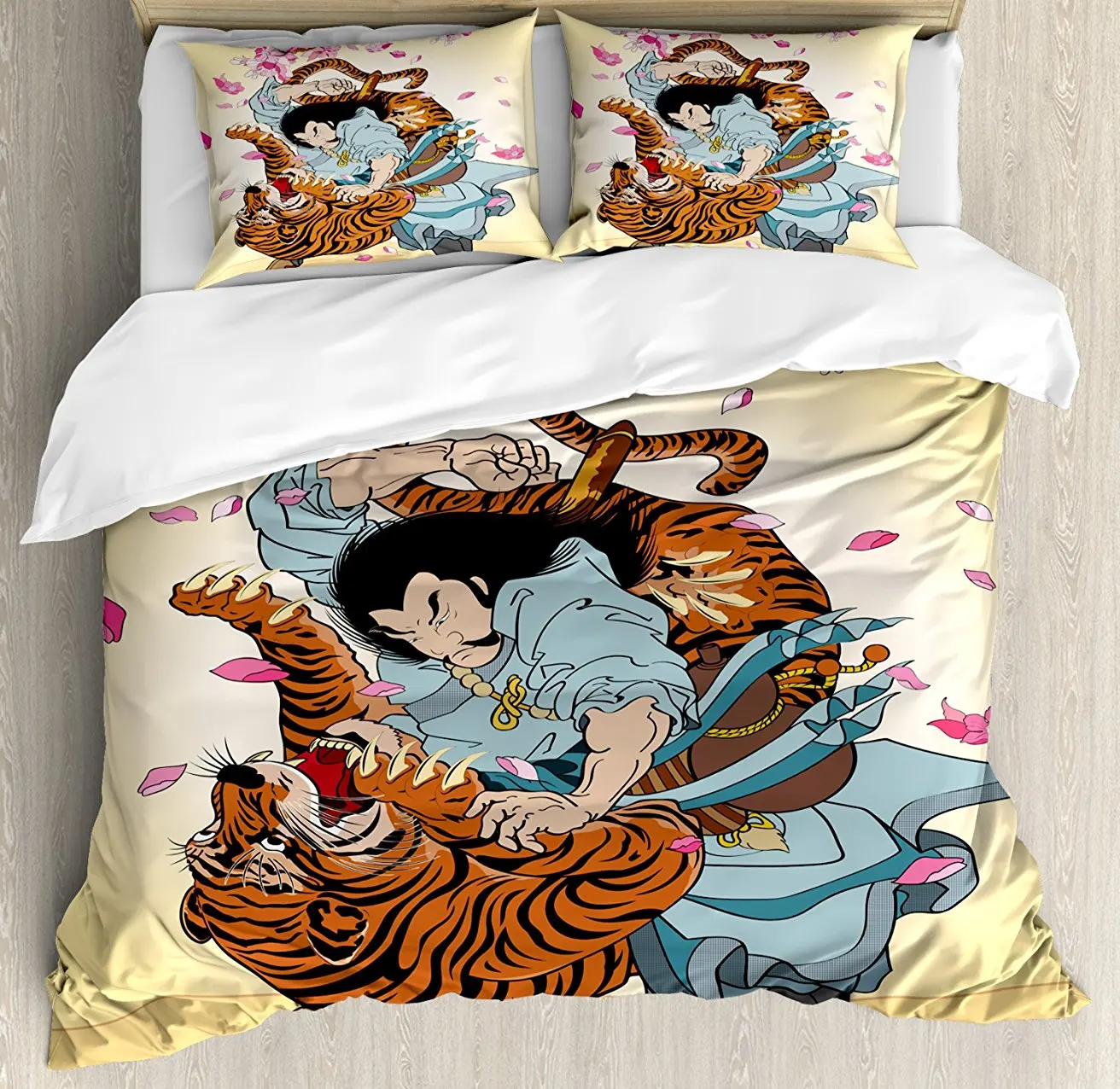 

Japanese Duvet Cover Set Brave Samurai and Tiger Clash Turn into Floral Sakura Cherry Blossoms Cartoon Print 4 Piece Bedding Set