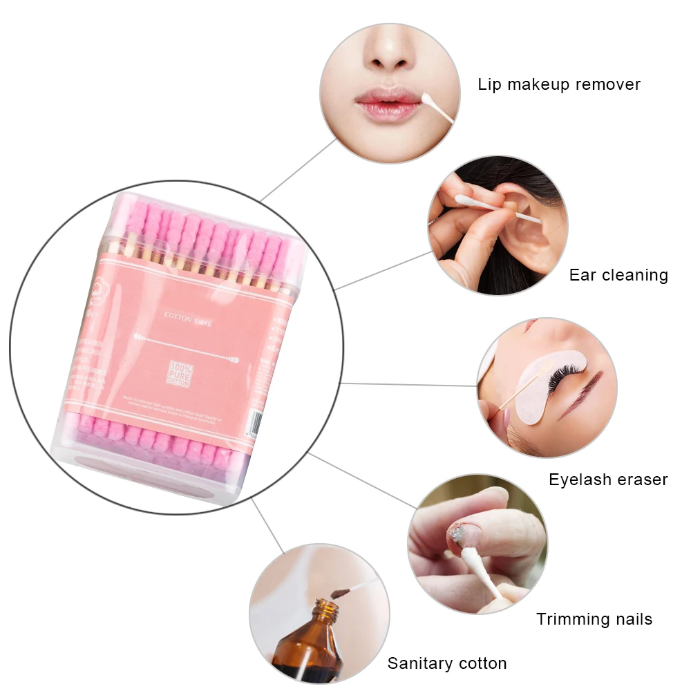100pcs/pack Double Head Cotton Swab Ear Cleaning Soft Disposable Medical Wood Sticks Health Care Beauty Makeup Tools Nail Brush