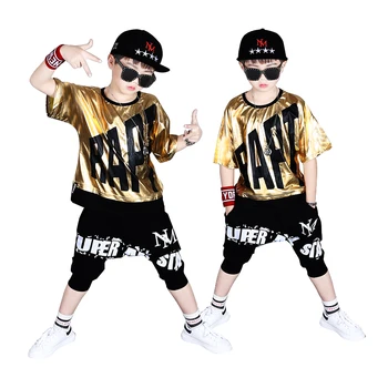 

Big Boy's Summer Sets Letters Print Golden and Silver Design Loose Fit T-shirts+Shorts 2PCS Clothing Sets Hip Hop Dancer Sets