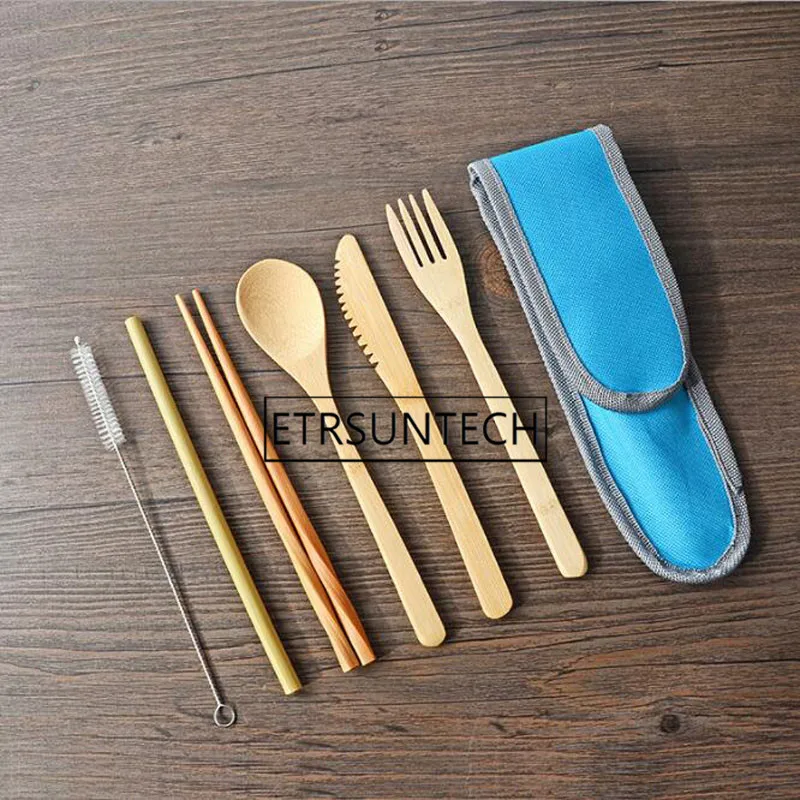 

100sets Bamboo Cutlery Set Reusable Picnic Outdoor Flatware Set Travel Utensils Straw Spoon Knife Fork Spoon Brush