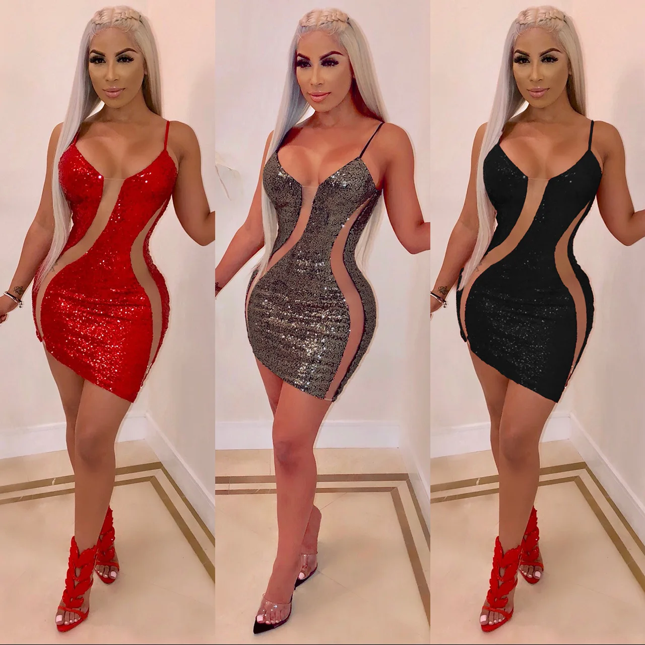 

Women Dress Sexy Bodycon Sequined Mesh Patchwork Spaghetti Strap Tight Clubwear Evening Party Night Out Date Female Ladies Tunic
