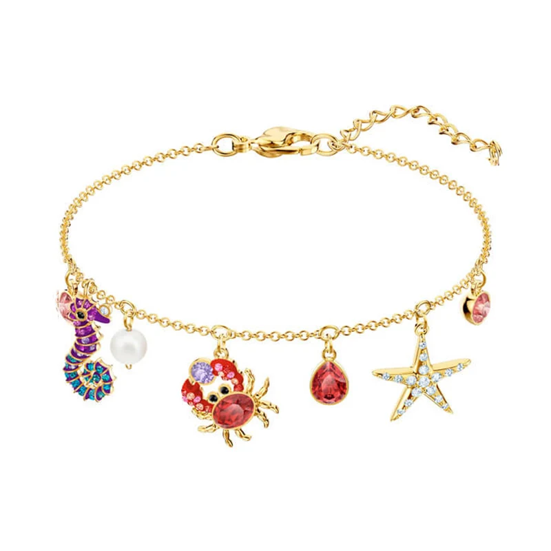 

925 Sterling Silver Swa Original 1:1 Ladies Cute Fun Marine Life Colorful Gorgeous Crab Hippocampus Starfish Bracelet 5457760