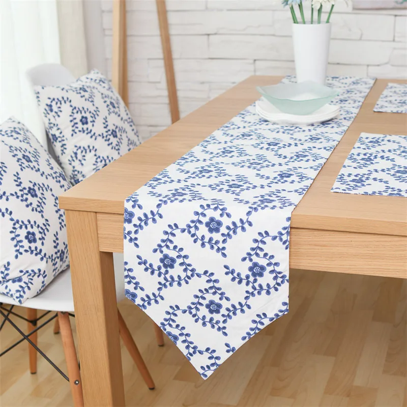 

Pastoral Style Blue Pattern Cotton Linen Table Runner Wedding Hotel Banquet Party Home Table Runner Decoration