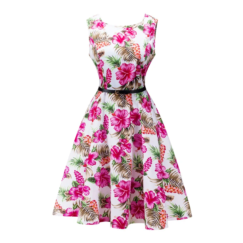 Kostlish 2017 New Summer Dress Women Floral Print Audrey Hepburn 50s 60s A-Line Vintage Dress Sleeveless Party Dresses Plus Size (104)