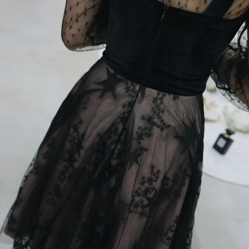 Черное повседневное Тюлевое вечернее платье Vestidos De Fiesta De Noche с длинными рукавами Элегантное Длинное Вечернее платье Robe De Soiree ES1957