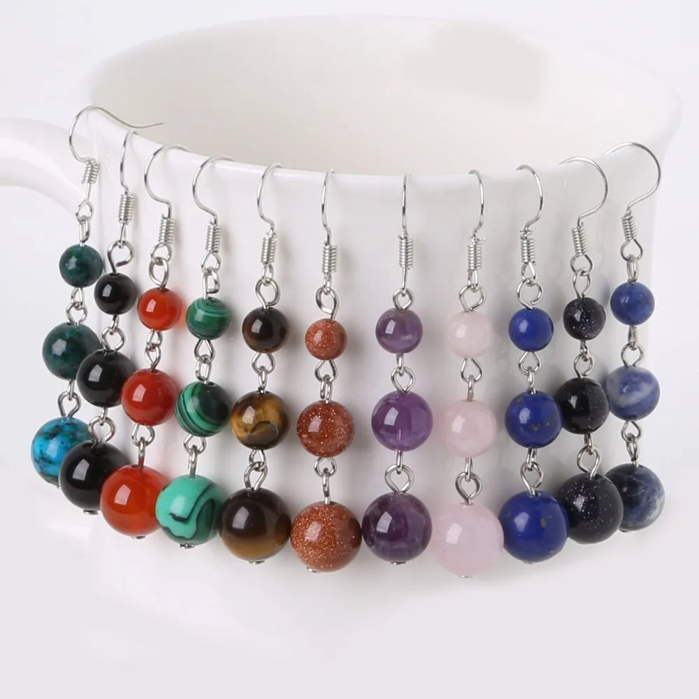Ehnic-Bohemia-Dangle-Earrings-Silver-Plated-Round-Natural-Semi-precious-Stone-Beads-Charm-Earrings-For-Women