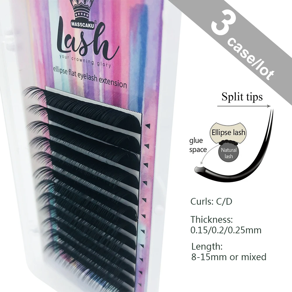 

3 cases/lot Split tips Double Tips High-quality Ellipse Flat False Eyelash Extension flat mink eyelashes Ellipse eyelashes