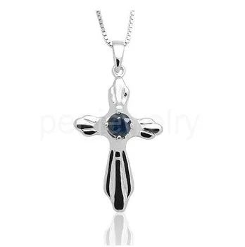 

Per jewelry Natural real sapphire cross necklace pendant 0.3ct gemstone Free shipping 25 sterling silver C6090222