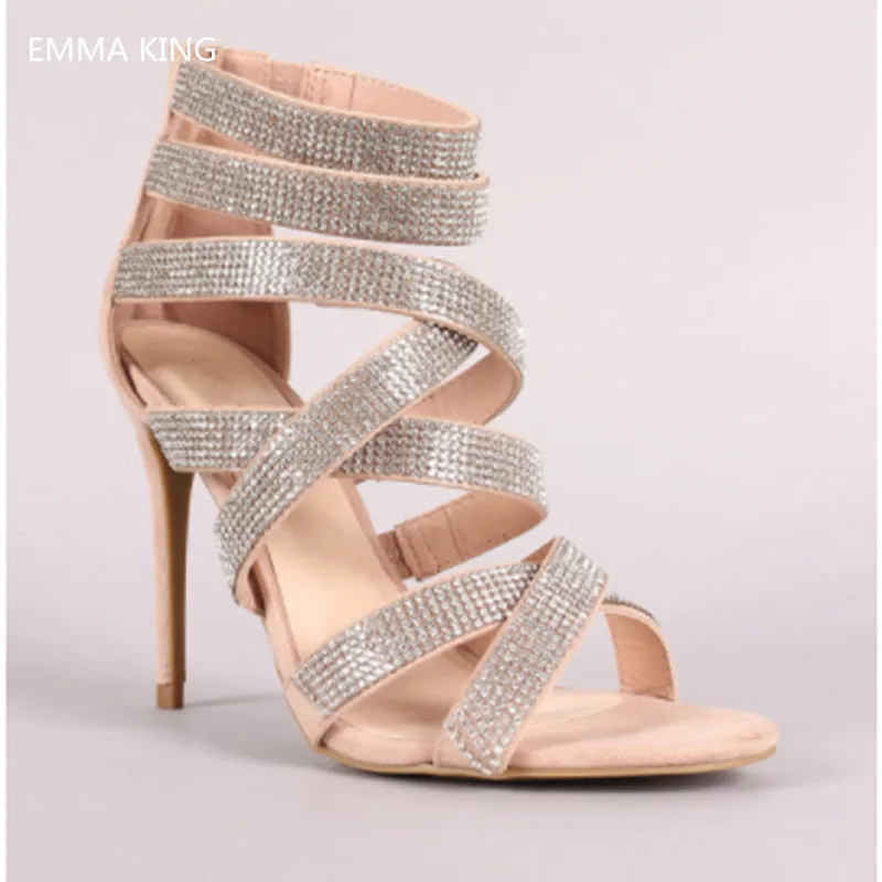 

Bling Bling Rhinestone Hollow High Heels Sandals Women Stilettos Open Toe Sexy Sandalias Mujer Back Zipper Party Ladies Shoes