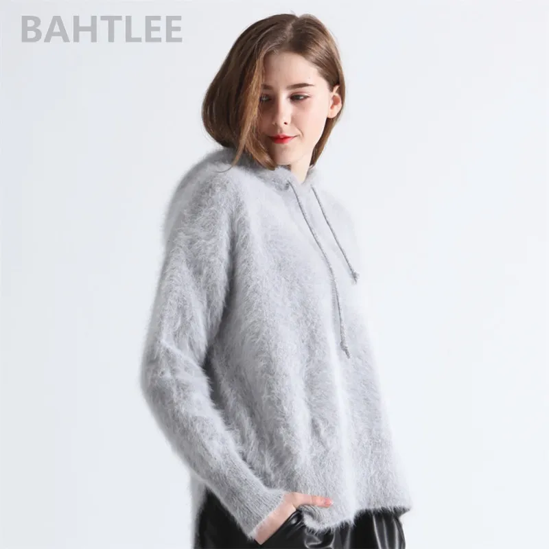 Baratos Bathlee invierno mujer Angora Jersey de punto con tapa Jumpe mangas largas mantener caliente suelta Stye grueso cuatro colores