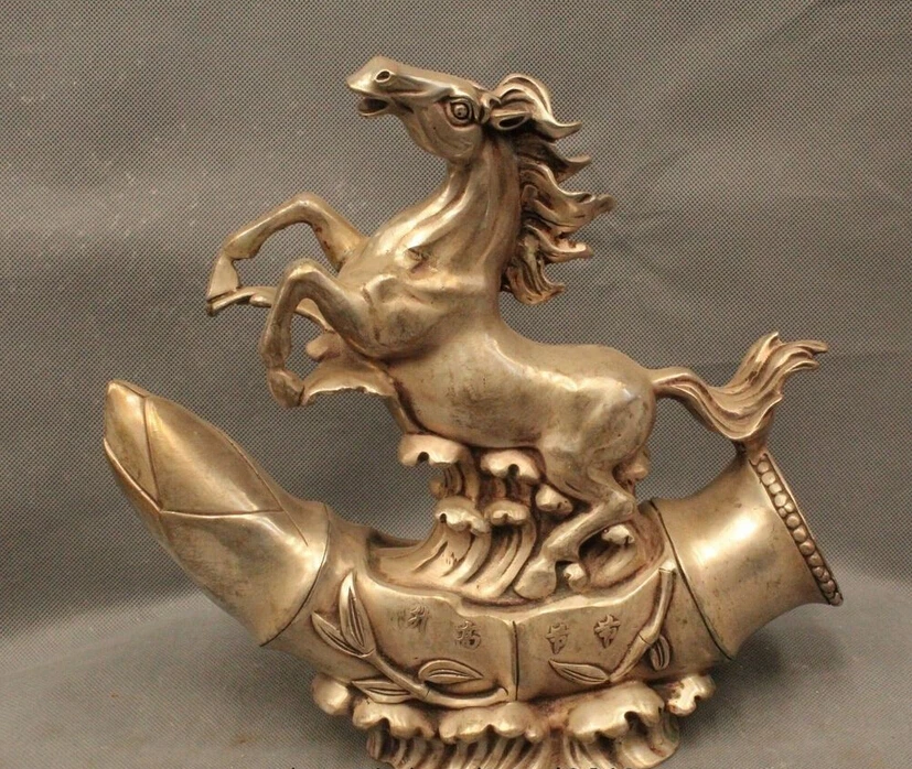 

12" Chinese Folk Feng Shui Silver Zodiac Year Horse Success Stand lotus root Sta