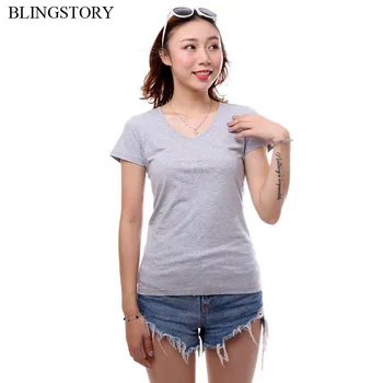 

BLINGSTORY Elegant Diamond V-neck Short Sleeve Bead Summer T Shirt Women Large Size Casual Tops Tee