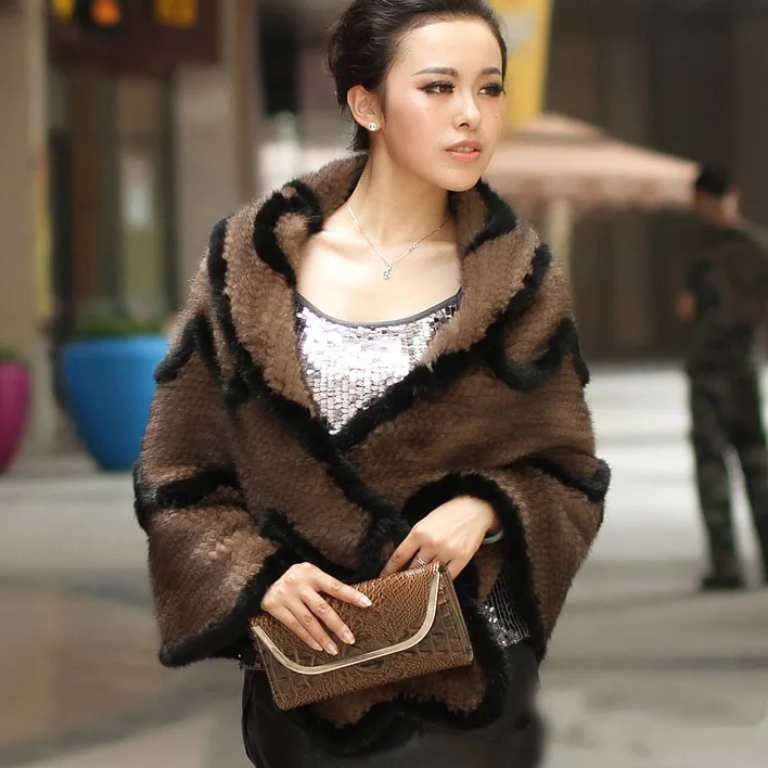 

Lady Capes Bride Wraps Female Pashmina Autumn Winter Women's Genuine Real Natural Knitted Mink Fur Shawls brown black color cape