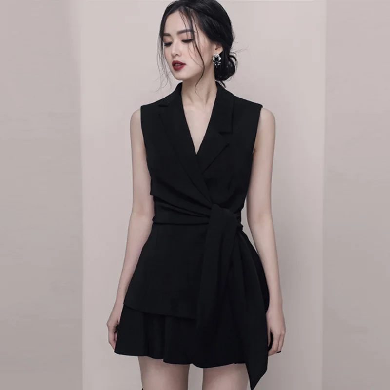 

2019 New Women Two Piece Set Solid Lace Up Sleeveless Jackets and High Waist Mini Skirts Sets Fashion Office Lady Skirt Suits