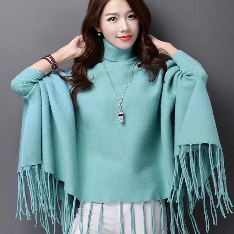 Для женщин норки кашемира пончо пуловер свитер вязаная Верхняя одежда Пальто Костюмы водолазка кисточкой модный топ качество
