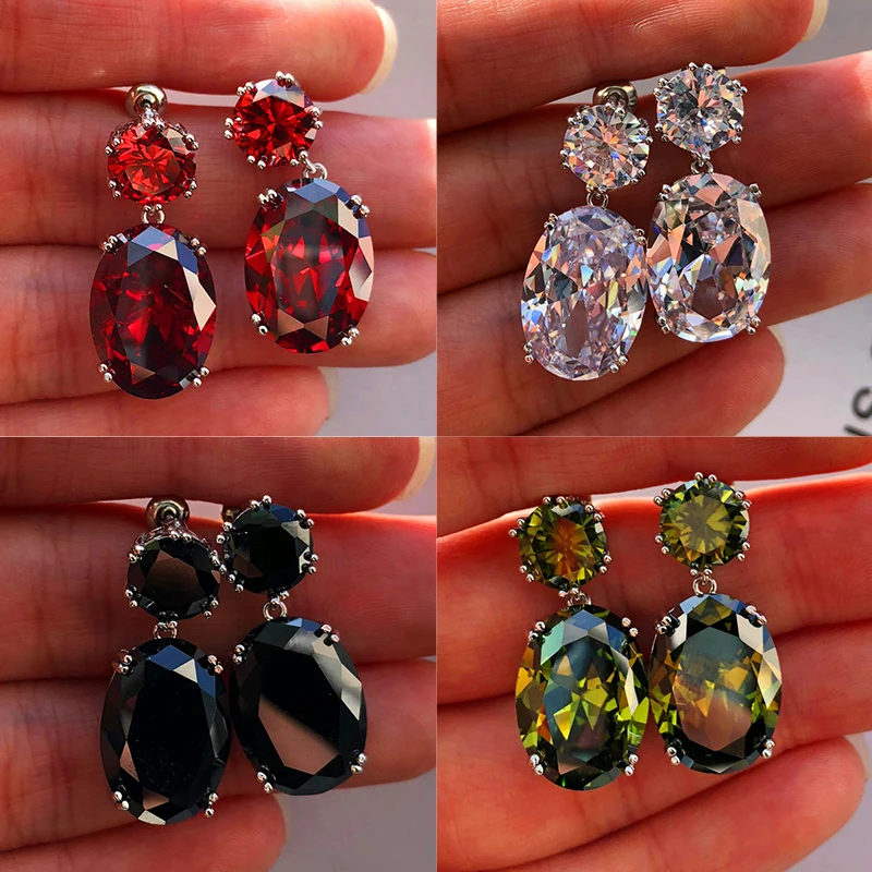 

Luxury Crystal Red White Black Peridot Earrings With Zircon Stone Silver Color Wedding Jewelry Big Stud Earrings For Women