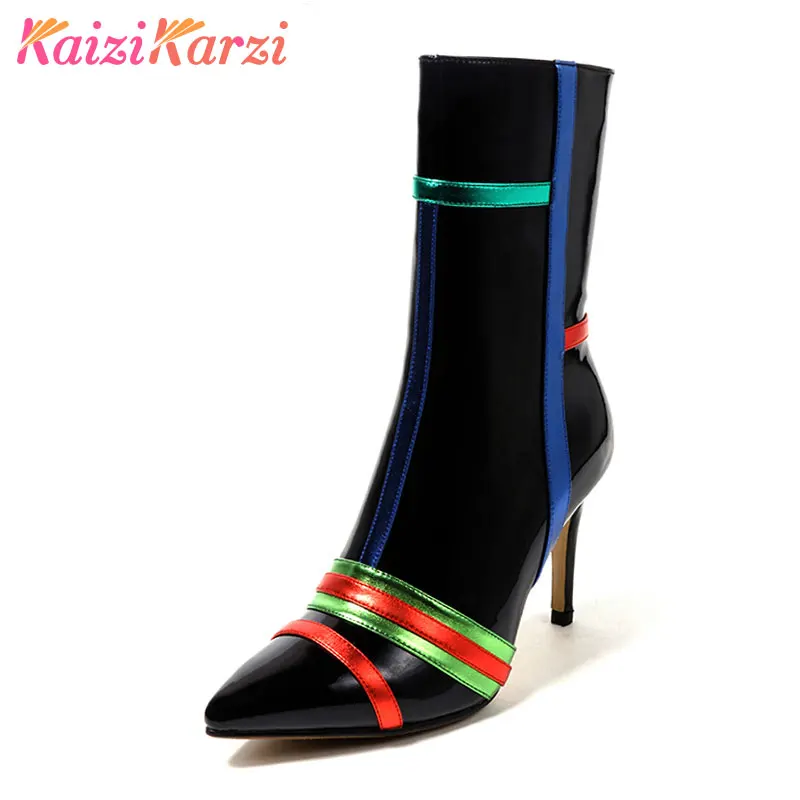 

KaiziKarzi Real Leather High Heel Boots Patchwork Thin Heels Boots Warm Shoes Autumn Short Boots Women Footwears Size 34-39