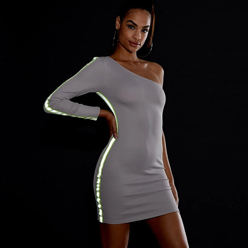 

Simenual Neon Reflective Striped Bodycon Dresses Women Sexy Fashion Mini Dress One Shoulder Slim Long Sleeve 2019 Grey Dresses