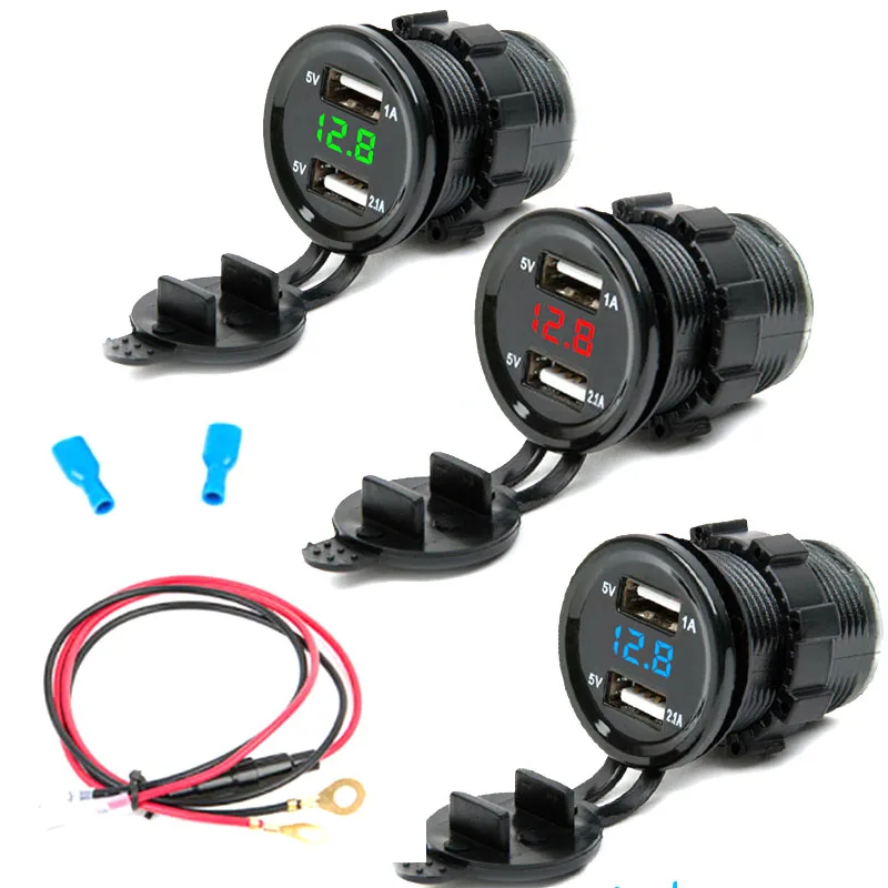 

New DC 12/24V Dual USB Car Charger+LED Display Voltmeter Boat Cigarette lighter+Fuse Wire for Motorcycle Phone IPad Iphone Board