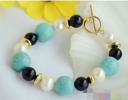 

free shipping 01334 round turquoise black agate white freshwater pearl bracelet