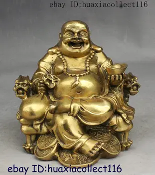

China Brass Happy Laughing Maitreya Hold Yuanbao Ride Dragon Chair Wealth Statue