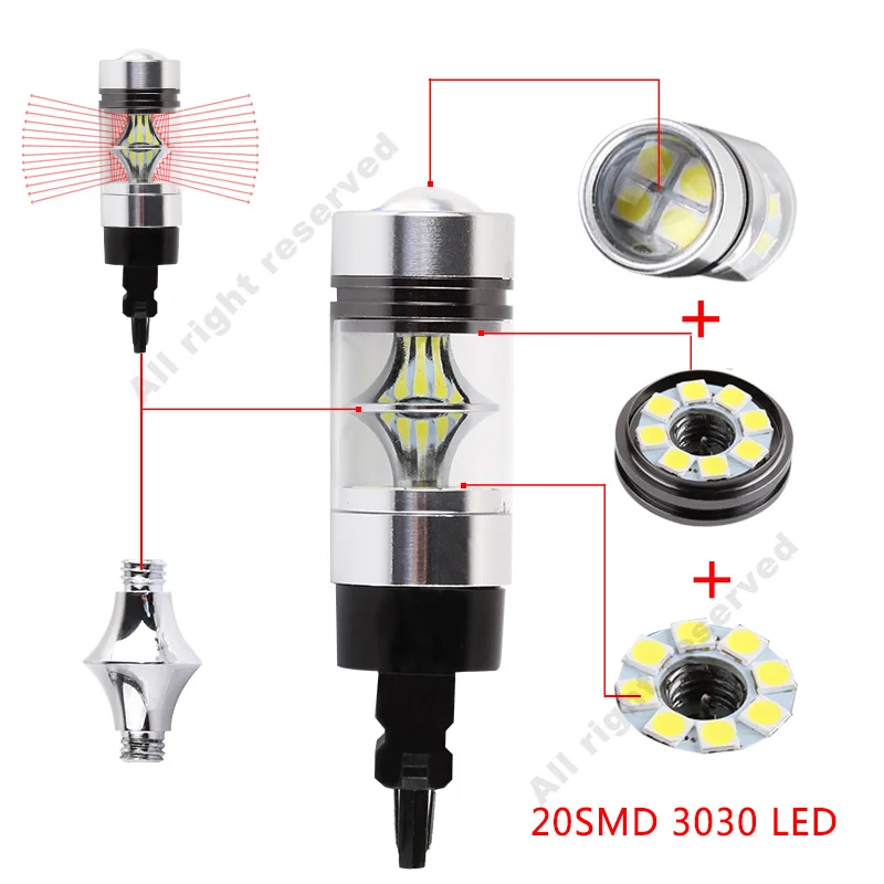 T25 3157 3156 Высокая мощность 3030 20 SMD P27W светодиодный фонарь для вождения автомобиля DRL стоп-сигнал заднего хода парковочные огни авто 6000K белый 12 V-24 V