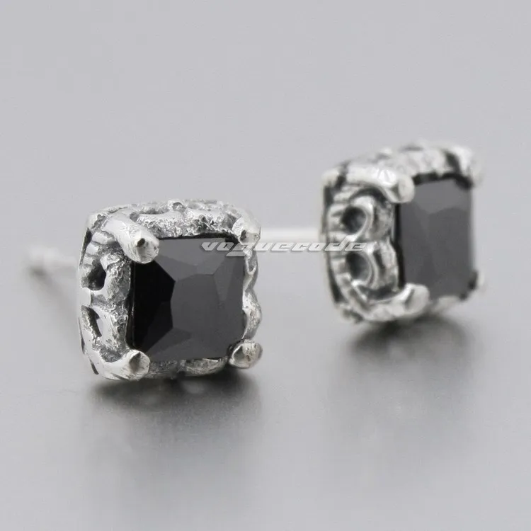 925 Sterling Silver Square Black CZ Mens Biker Rocker Stud Earring 8R018(1pair)