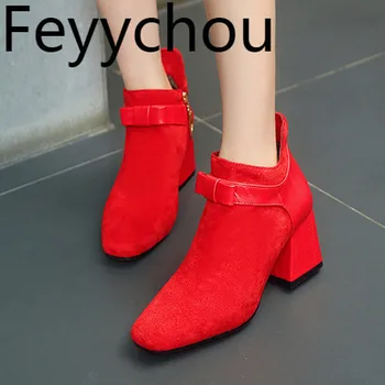 

Women's Boots Spring Autumn High Heel Warm Flock Ankle Square Toe Patchwork Zip 2019 New Sexy Fashion Casual Red Big Size 34-48