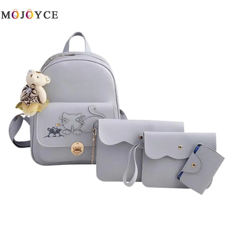 

4 pcs/Set Cat Mouses Pu Leather Backpack Women Teenage Girls Cute School Backpacks Mochila Feminina Black Pink Grey