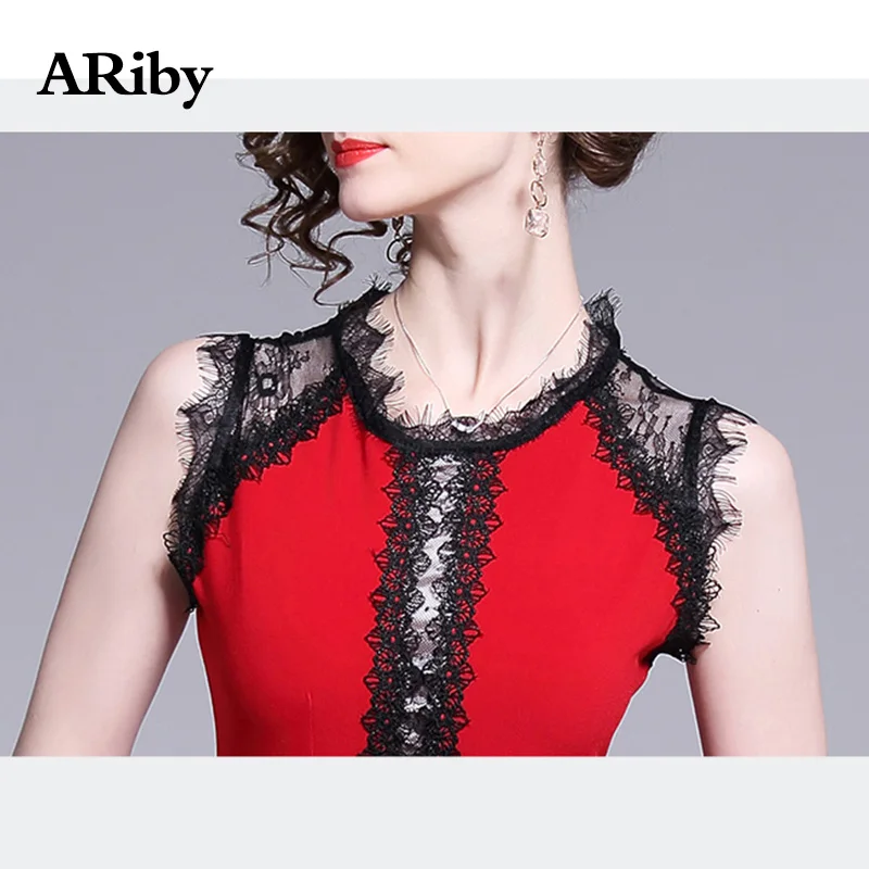 Женское длинное кружевное платье макси ARiby элегантное красное трапеция