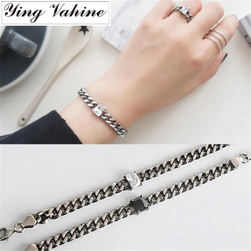 

925 Sterling Silver Jewelry Fashion Square Black Stone Transparent Crystal Flat Chain Bracelet for Women
