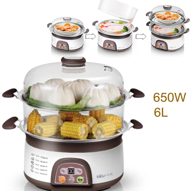 

15% JA142 Double Layer Transparent Visible Electric Food Steamer 650W 6L Stainless Steel Steamer 99 Mins Timing 24h Reservation