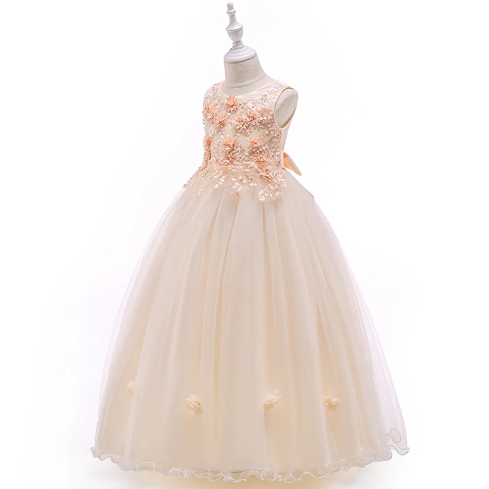 Высококачественное серое длинное бальное платье из тюля без рукавов с цветочным узором для девочек; платье принцессы на свадьбу; детская праздничная одежда для дня рождения; BW204