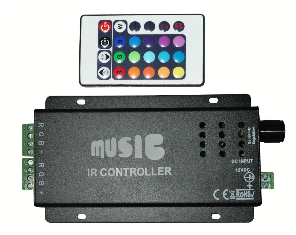 RGB LED music controller with 24key IR remote;DC12 24V input;6A*3CH