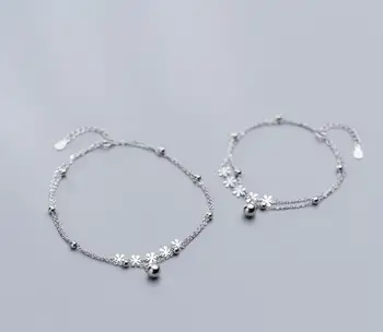

1p Authentic REAL. 925 Sterling Silver Jewelry double Multi-rows/Flower &Polished ball lucky chain /anklet Bracelet GTLS855