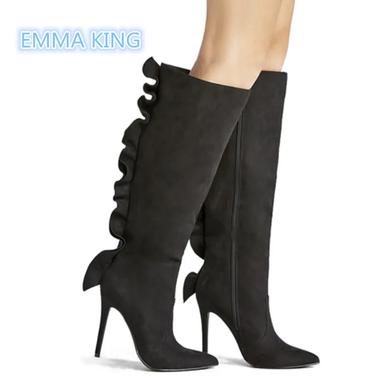 

Spring New Arrival Ruffles Back Designer Women Knee High Boots Suede Stilettos Fashion Ladies Pointed Toe High Heels Long Boots