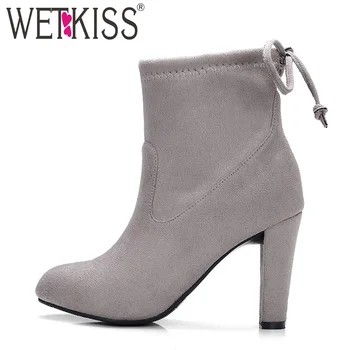 

WETKISS Latest Fashion 9 Colors Woman Ankle Boot Stretch Flock Round toe High Heels Lady Boot Lace Female Booties Women Shoes
