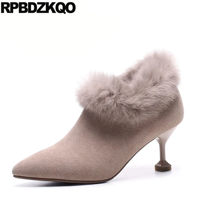 

Side Zip Boots Elegant Pointed Toe Booties Fashion Ankle Suede Short Stiletto Ladies Genuine Leather Beige Real Fur Winter High