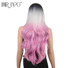 Волосы Экспо город Косплей Аниме парик синтетические волосы длинные волнистые имитация челок Омбре розовый белый цвет вечерние парики для афро женщин