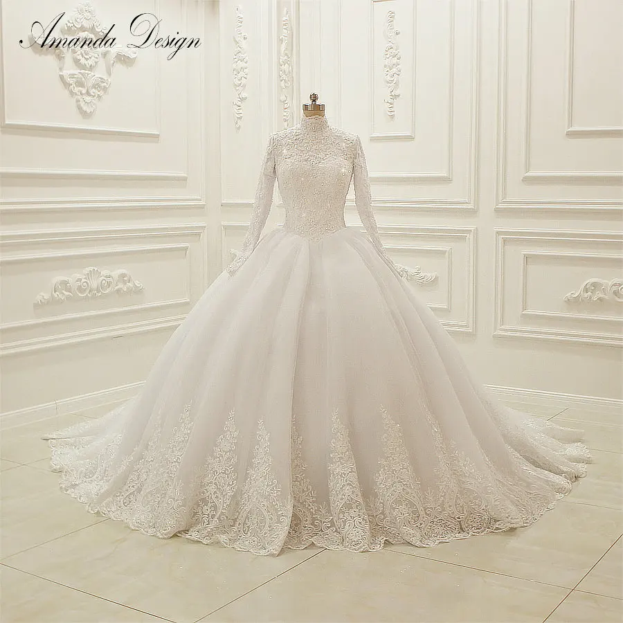 

2019 vestido de noiva New Muslim Style Long Sleeve Lace Ball Gown Wedding Dress